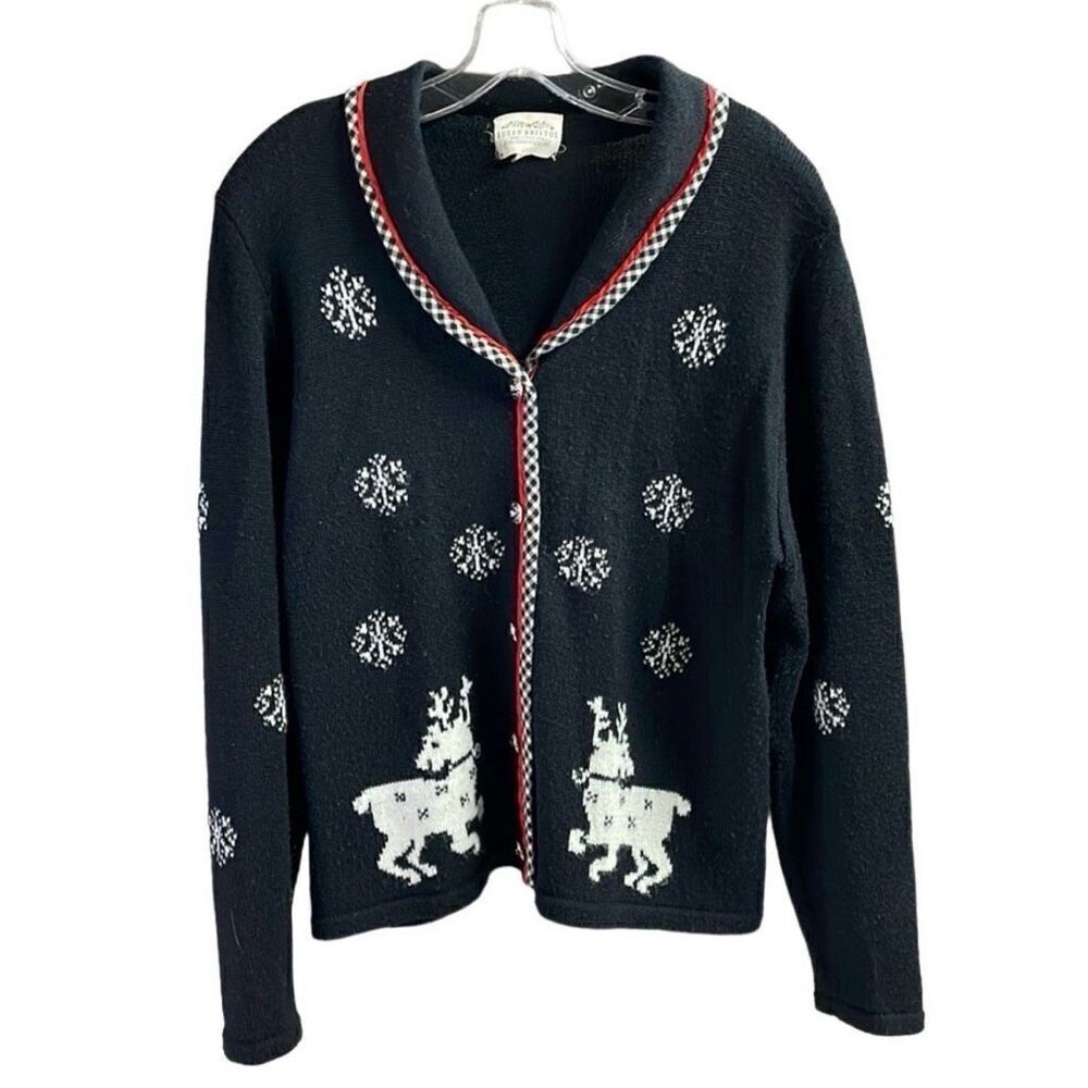 SUSAN BRISTOL Vintage Ugly Christmas Sweater Reindeers Snowflakes Button Up Sz L